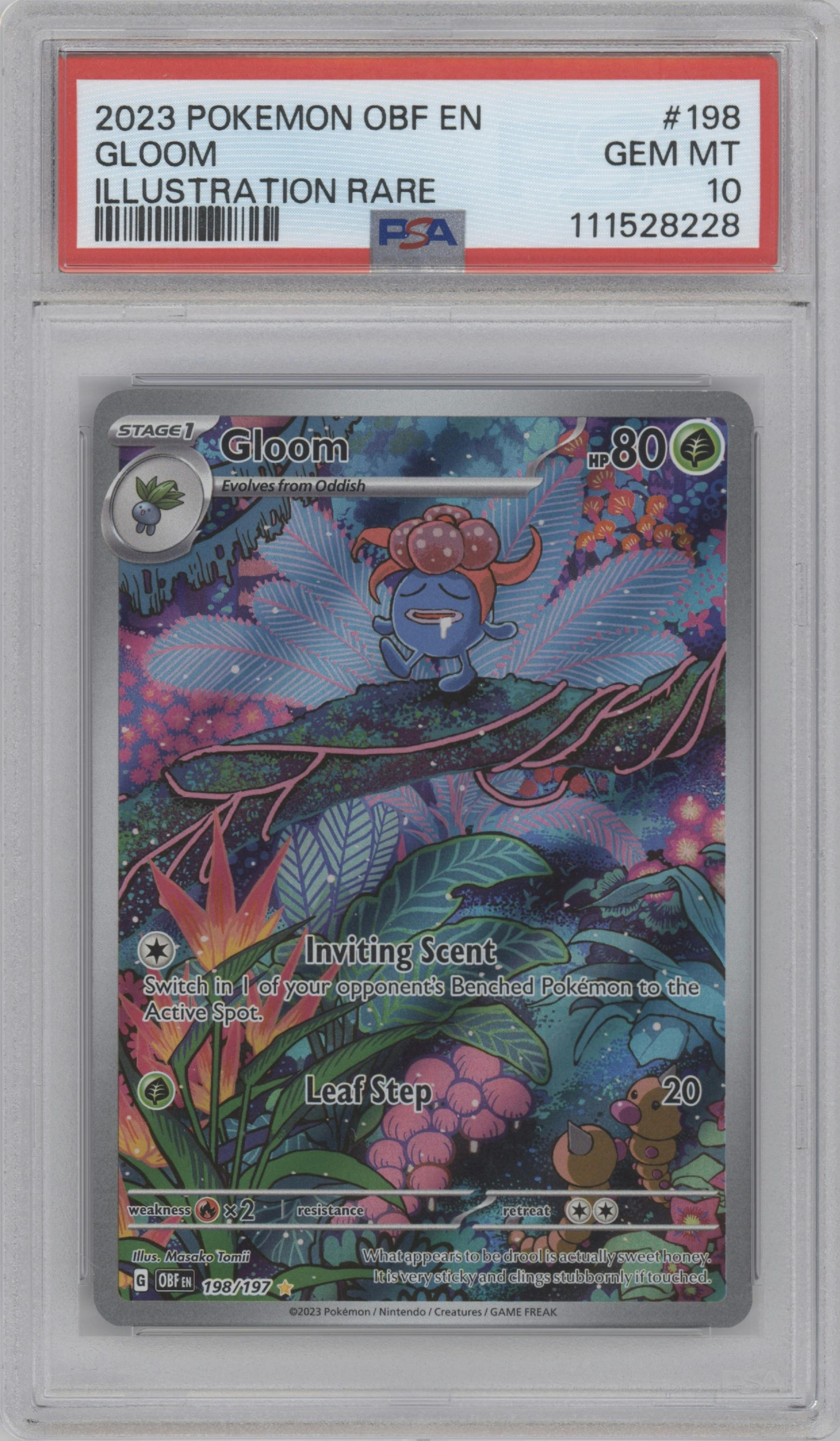 Gloom from the 2023 Pokemon SV set graded by PSA and given an overall grade of 10.