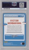 Victor Wembanyama from the 2023-24 Panini Donruss set featuring a Green Holo Laser  parallel graded by PSA and given an overall grade of 9.
