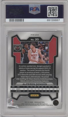 Alperen Sengun from the 2023-24 Panini Prizm set featuring a Snakeskin parallel graded by PSA and given an overall grade of 10.