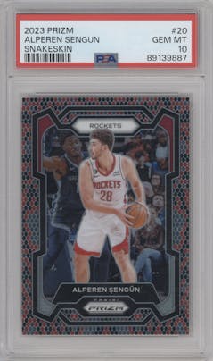 Alperen Sengun from the 2023-24 Panini Prizm set featuring a Snakeskin parallel graded by PSA and given an overall grade of 10.