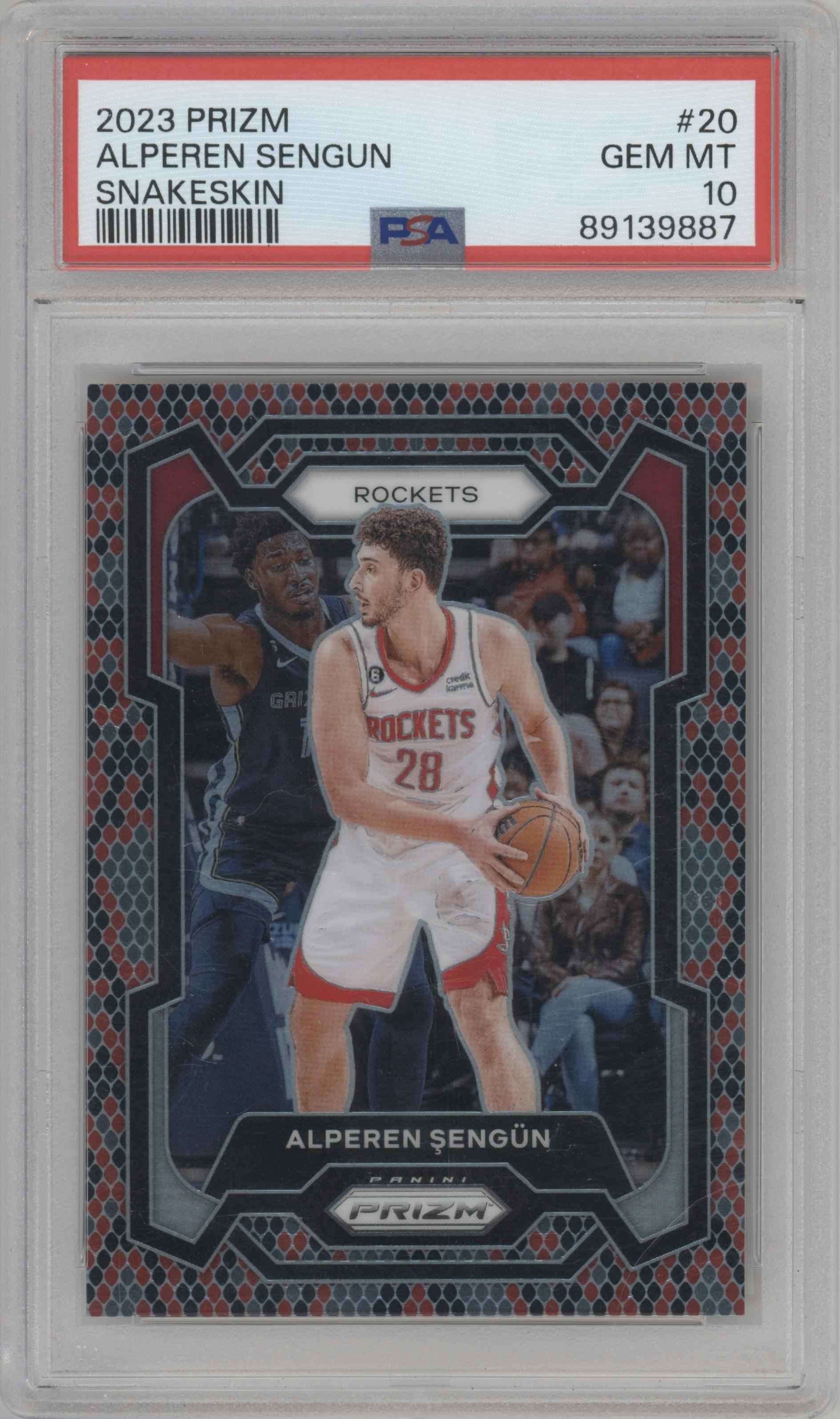 Alperen Sengun from the 2023-24 Panini Prizm set featuring a Snakeskin parallel graded by PSA and given an overall grade of 10.