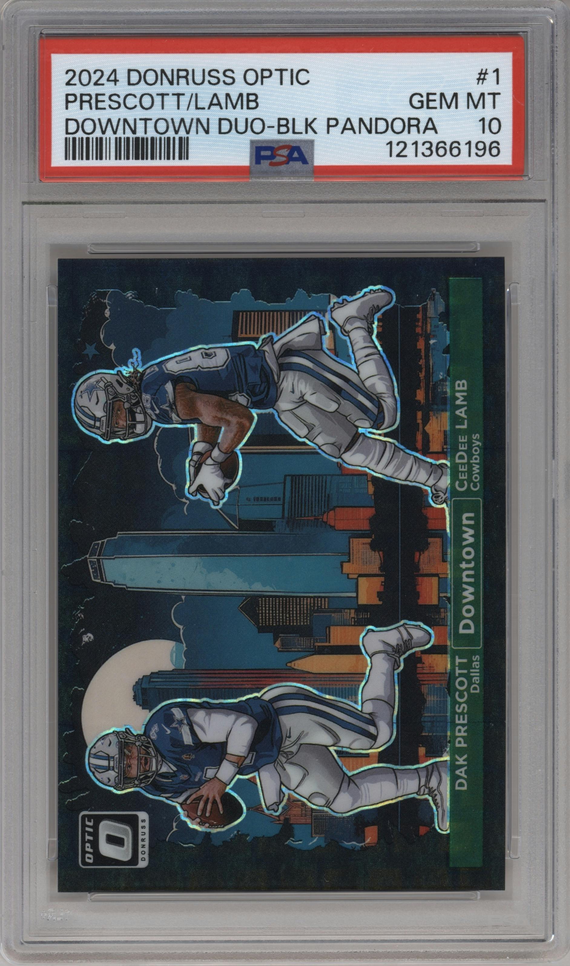 Dak Prescott/CeeDee Lamb from the 2024 Donruss Optic set featuring a Black Pandora parallel graded by PSA and given an overall grade of 10.