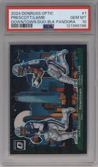Dak Prescott/CeeDee Lamb from the 2024 Donruss Optic set featuring a Black Pandora parallel graded by PSA and given an overall grade of 10.
