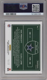 Dak Prescott/CeeDee Lamb from the 2024 Donruss Optic set featuring a Black Pandora parallel graded by PSA and given an overall grade of 10.