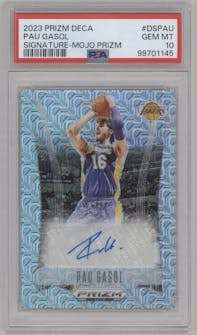 Pau Gasol from the 2023-24 Panini Prizm Deca set featuring a Mojo parallel graded by PSA and given an overall grade of 10.