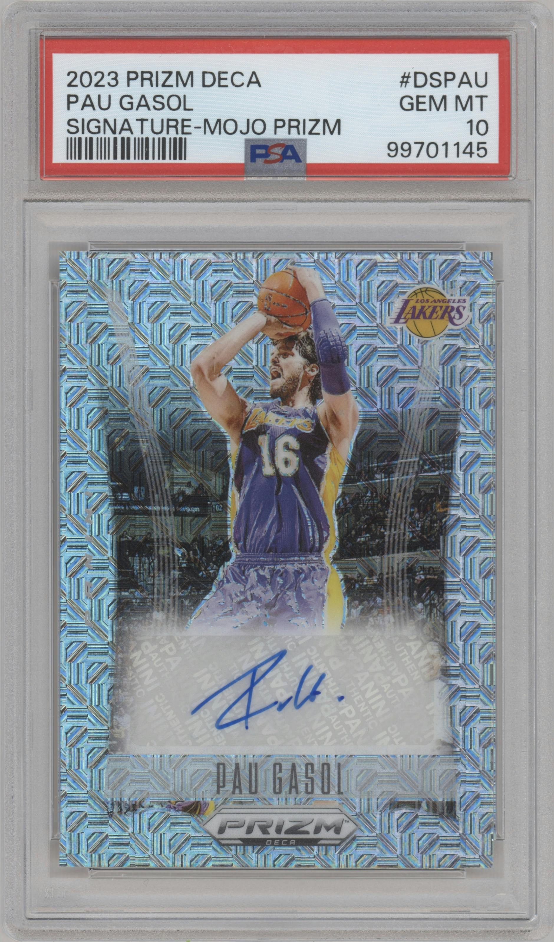 Pau Gasol from the 2023-24 Panini Prizm Deca set featuring a Mojo parallel graded by PSA and given an overall grade of 10.