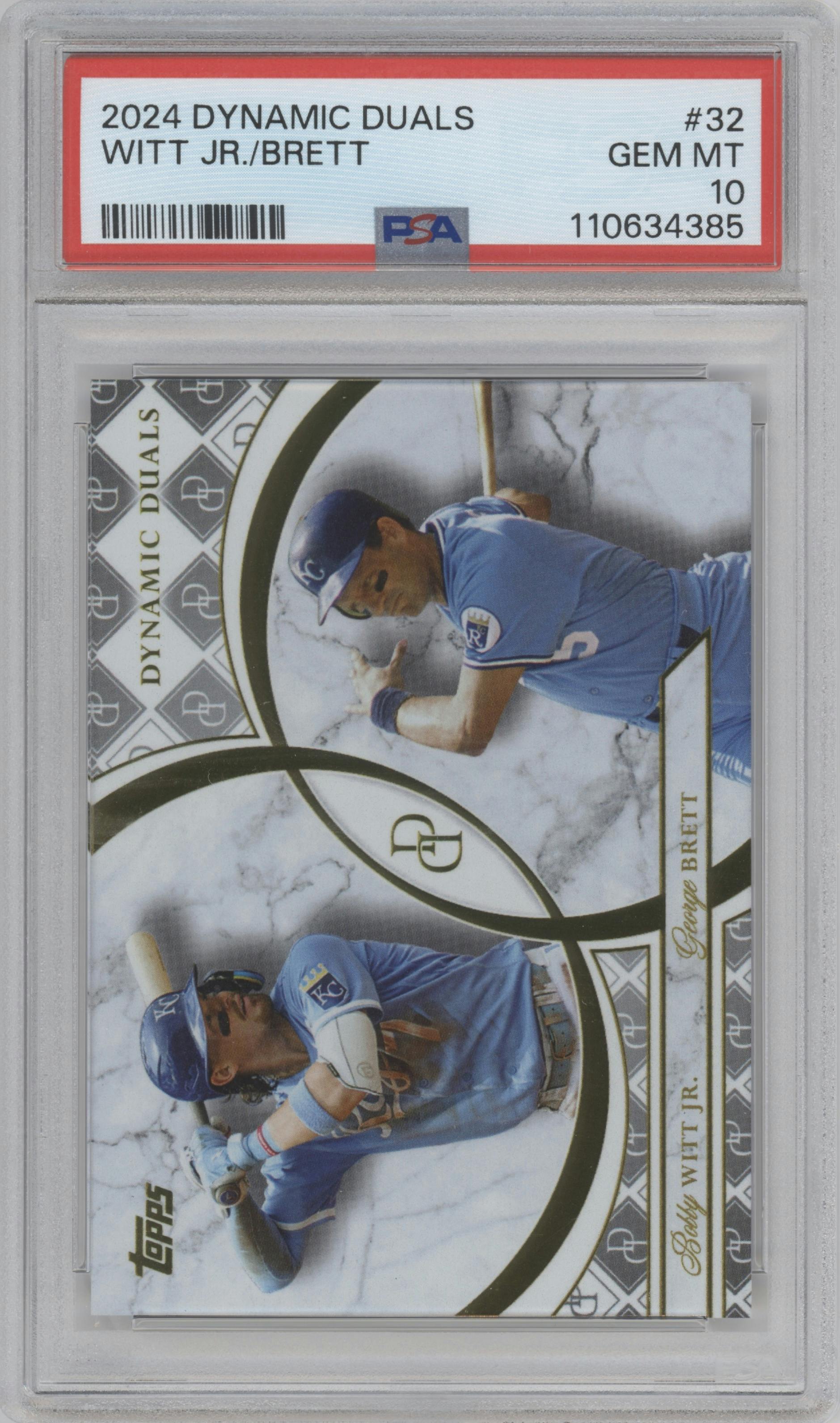 Bobby Witt Jr./George Brett  from the 2024 Topps Dynamic Duals set graded by PSA and given an overall grade of 10.
