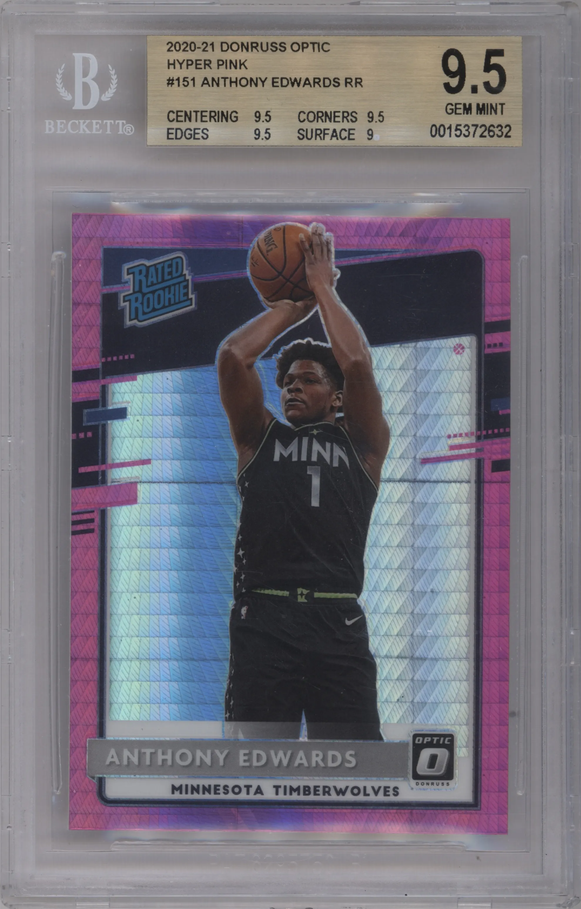 2020 Panini Donruss Optic Rated Rookie Anthony Edwards Hyper Pink #151 BGS 9.5