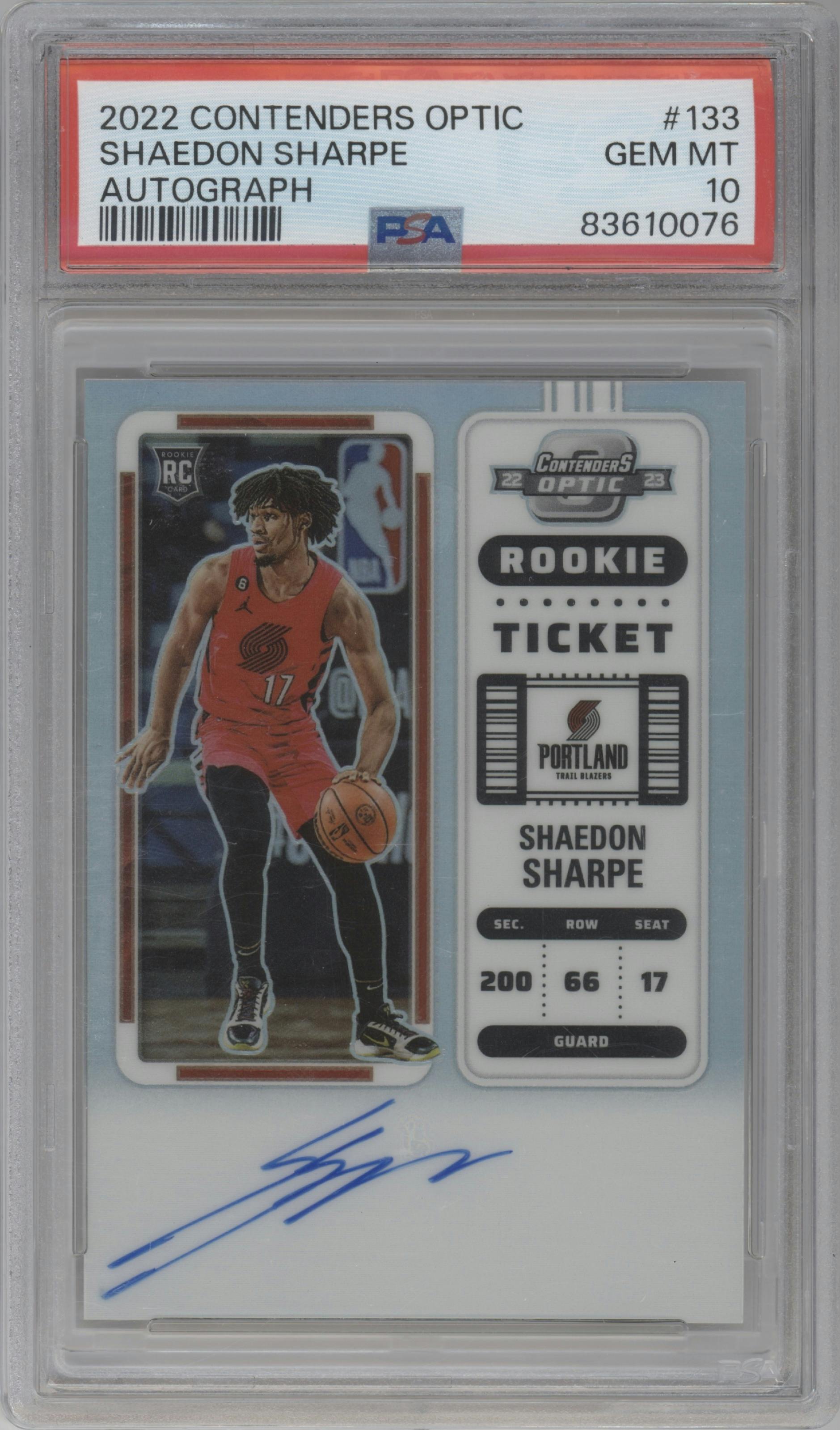 Shaedon Sharpe from the 2022-23 Panini Contenders Optic set graded by PSA and given an overall grade of 10.