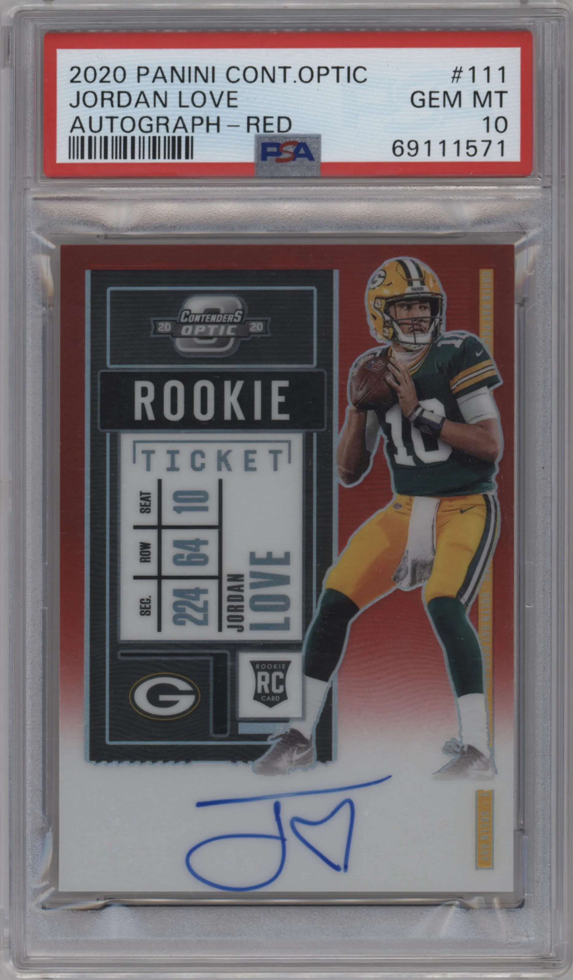 2020 Panini Contenders Optic Rke.Tkt.Auto Jordan Love Red PSA 10
