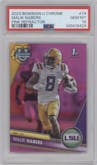 Malik Nabers from the 2023 Bowman Chrome University set featuring a Pink Refractor parallel graded by PSA and given an overall grade of 10.