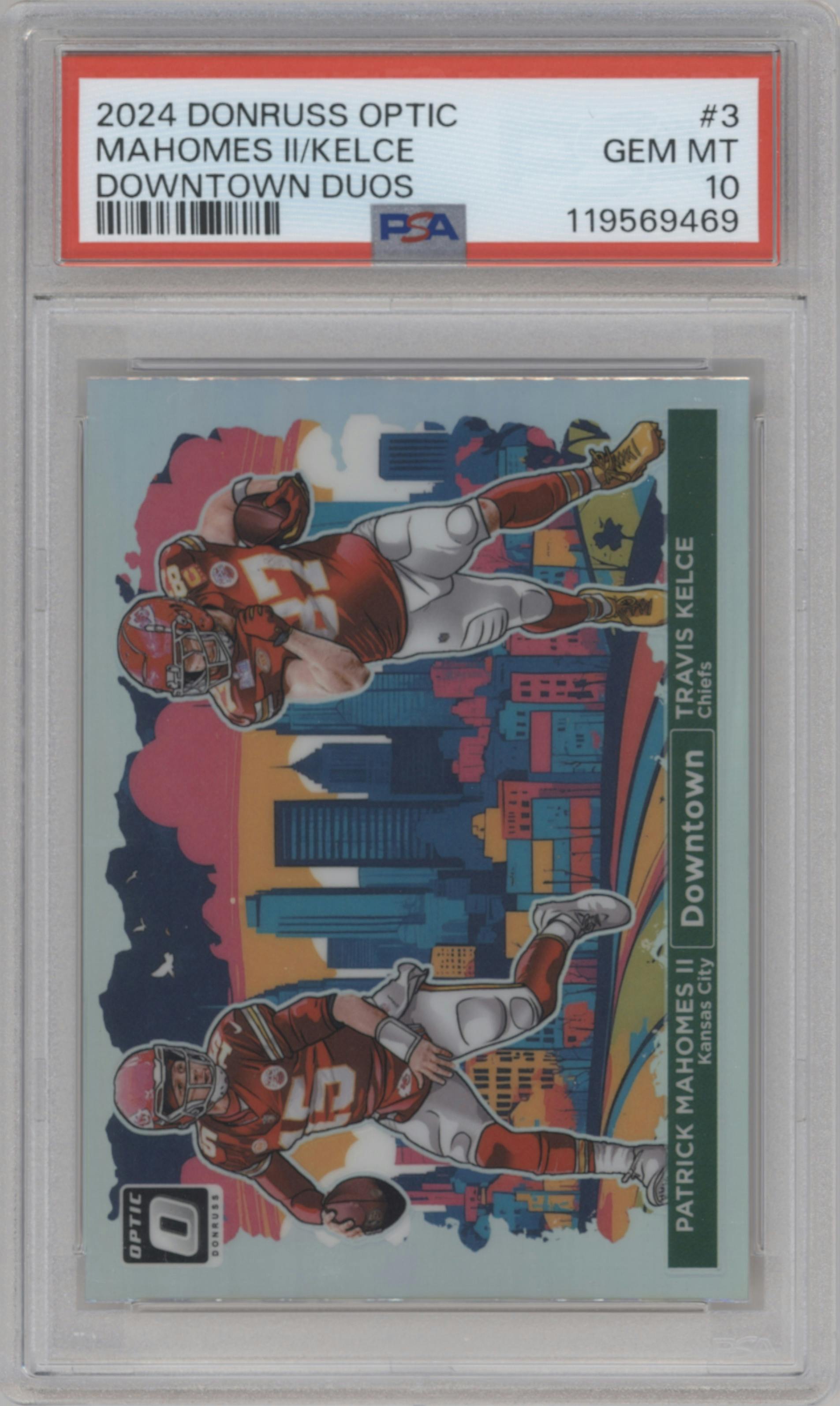 Patrick Mahomes II/Travis Kelce from the 2024 Donruss Optic set graded by PSA and given an overall grade of 10.