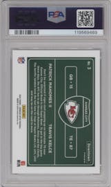 Patrick Mahomes II/Travis Kelce from the 2024 Donruss Optic set graded by PSA and given an overall grade of 10.