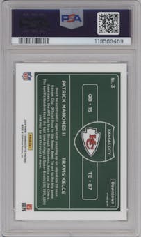 Patrick Mahomes II/Travis Kelce from the 2024 Donruss Optic set graded by PSA and given an overall grade of 10.