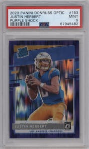 Justin Herbert from the 2020 Panini Donruss Optic set featuring a Purple Shock parallel graded by PSA and given an overall grade of 9.
