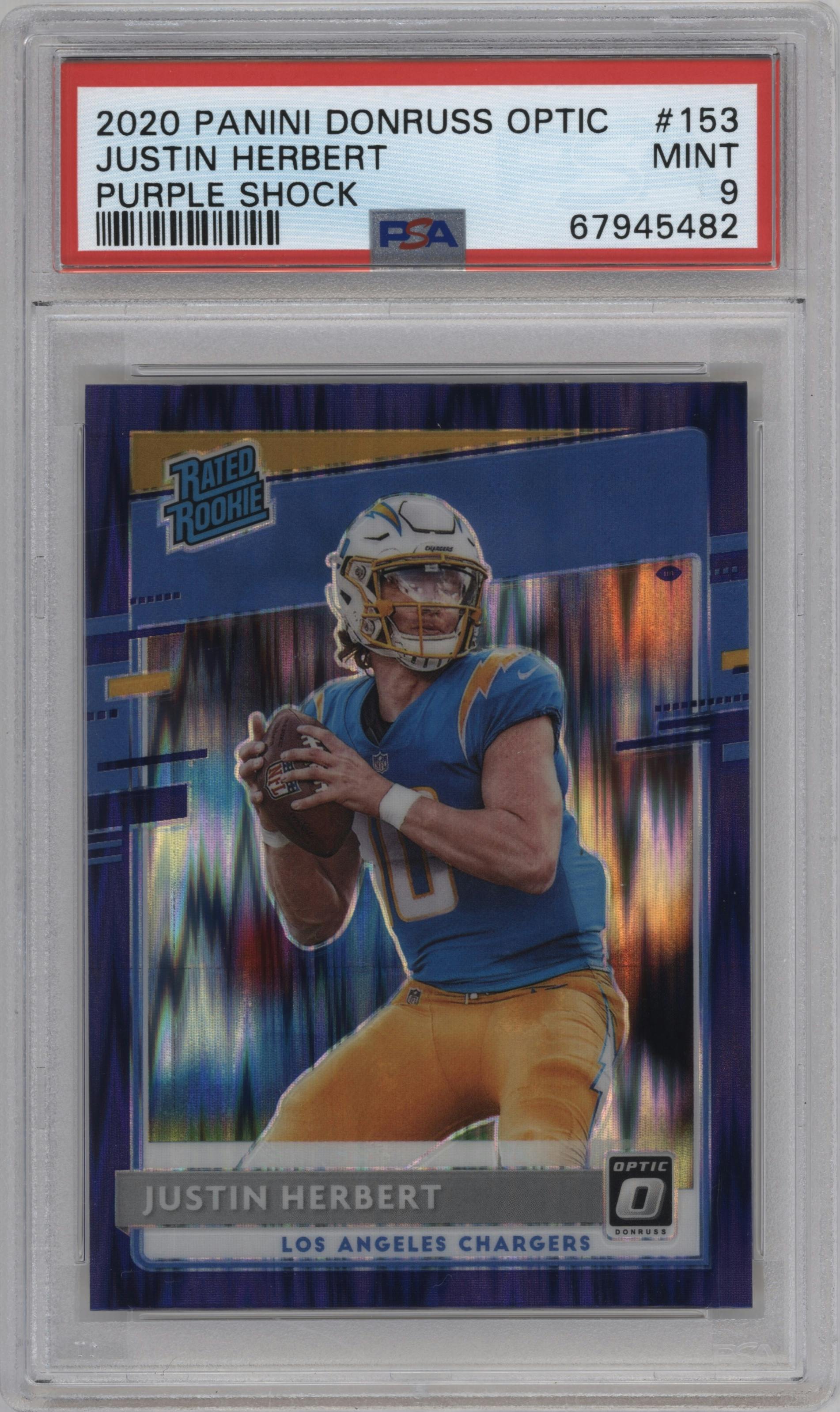 Justin Herbert from the 2020 Panini Donruss Optic set featuring a Purple Shock parallel graded by PSA and given an overall grade of 9.