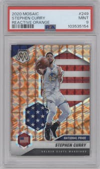 Stephen Curry from the 2020-21 Panini Mosaic set featuring a Reactive Orange parallel graded by PSA and given an overall grade of 9.