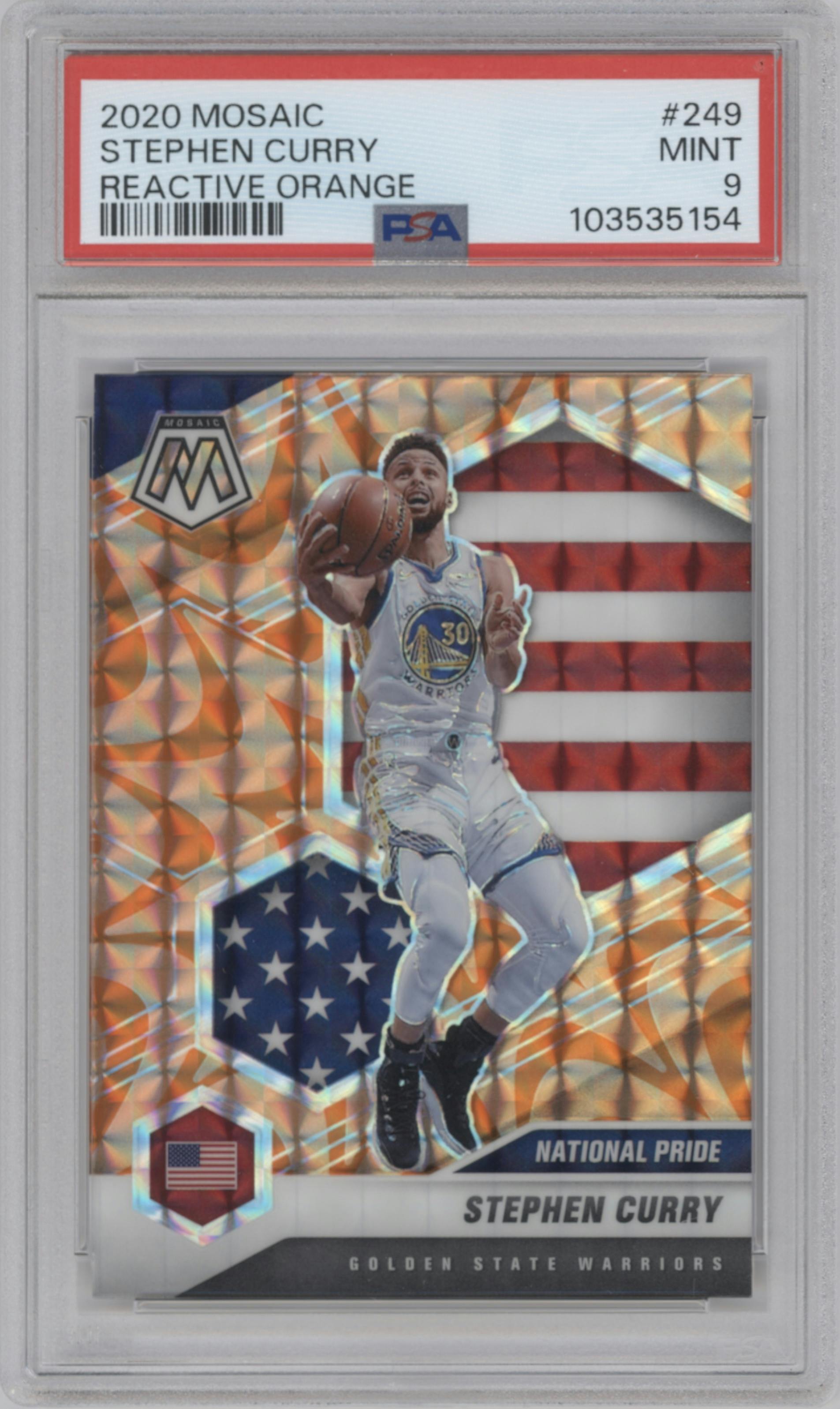 Stephen Curry from the 2020-21 Panini Mosaic set featuring a Reactive Orange parallel graded by PSA and given an overall grade of 9.
