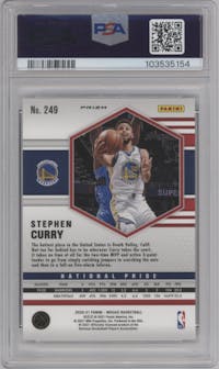 Stephen Curry from the 2020-21 Panini Mosaic set featuring a Reactive Orange parallel graded by PSA and given an overall grade of 9.