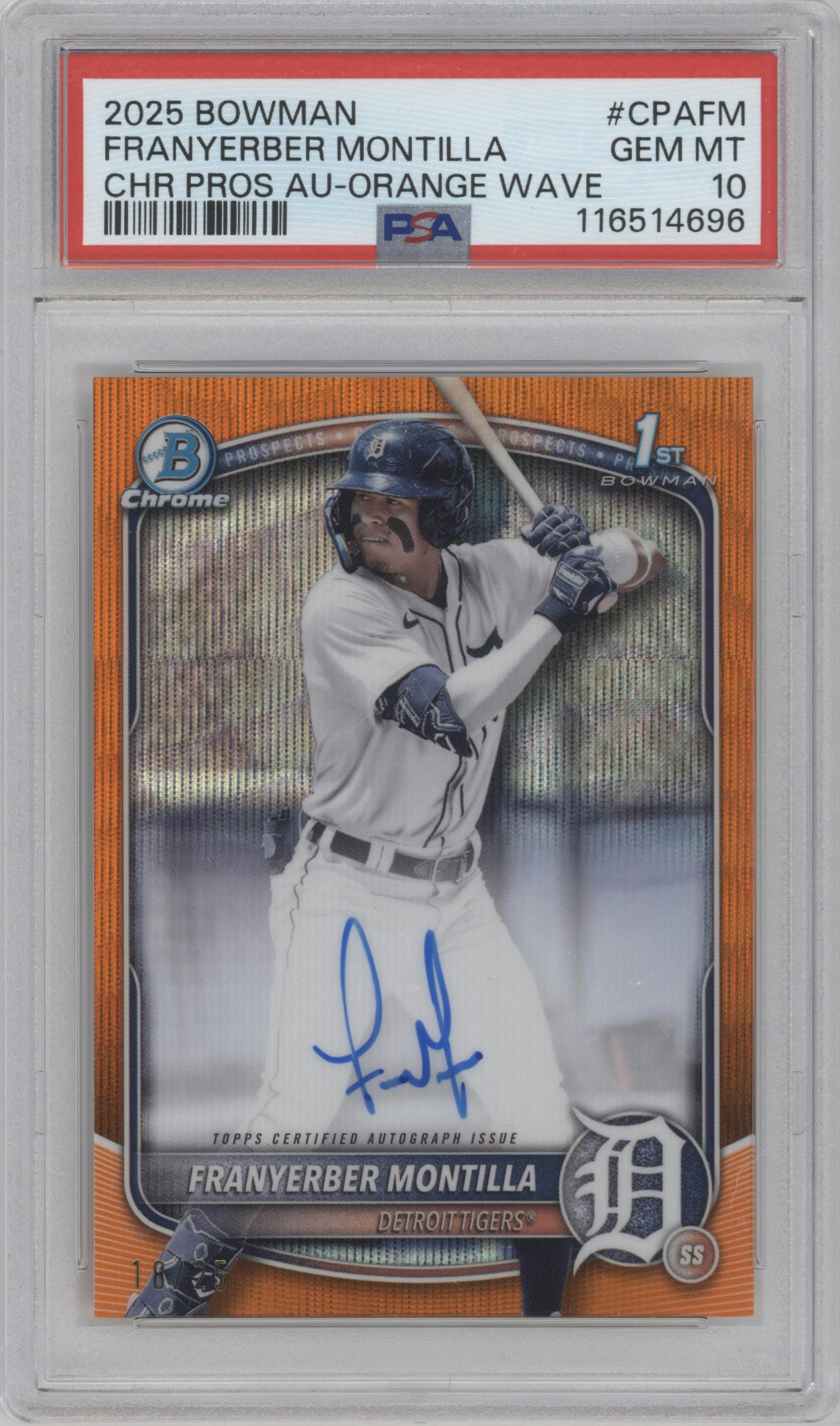 Franyerber Montilla from the 2025 Bowman set featuring a Orange Wave Refractor parallel graded by PSA and given an overall grade of 10.