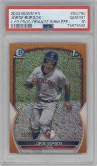 Jorge Burgos from the 2023 Bowman  set featuring a Orange Shimmer Refractor  parallel graded by PSA and given an overall grade of 10.