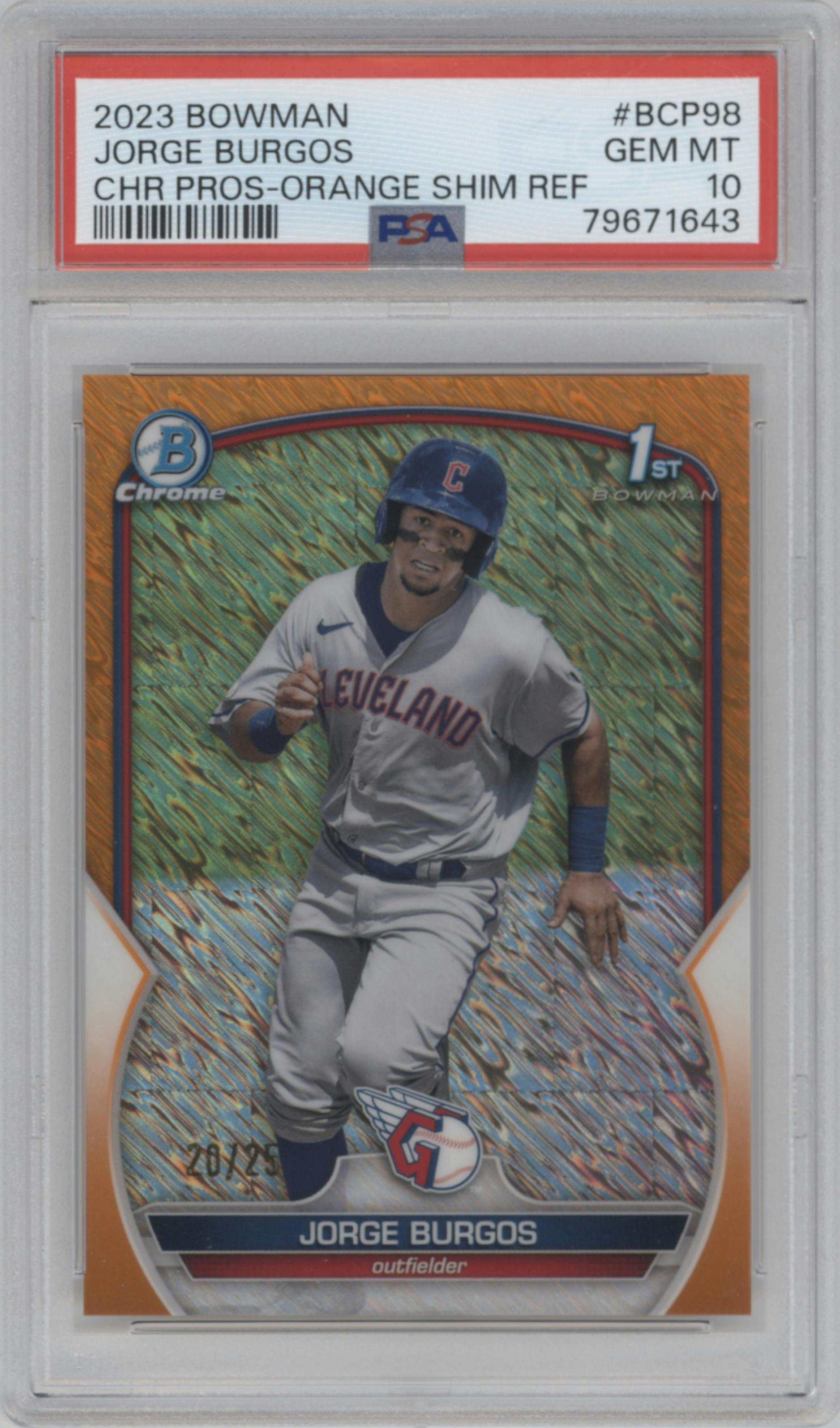 Jorge Burgos from the 2023 Bowman  set featuring a Orange Shimmer Refractor  parallel graded by PSA and given an overall grade of 10.