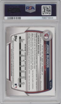 Jorge Burgos from the 2023 Bowman  set featuring a Orange Shimmer Refractor  parallel graded by PSA and given an overall grade of 10.