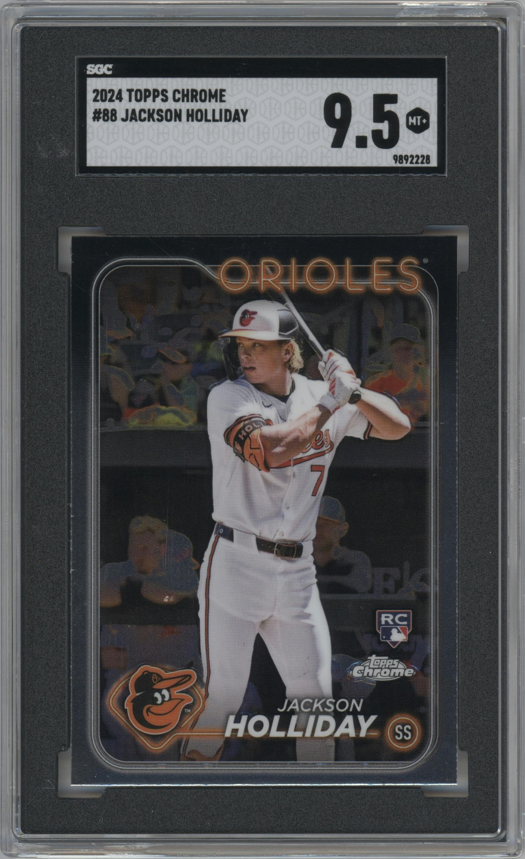 Jackson Holliday from the 2024 Topps Chrome set graded by SGC and given an overall grade of 9.5.