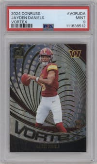 Jayden Daniels from the 2024 Donruss set graded by PSA and given an overall grade of 9.