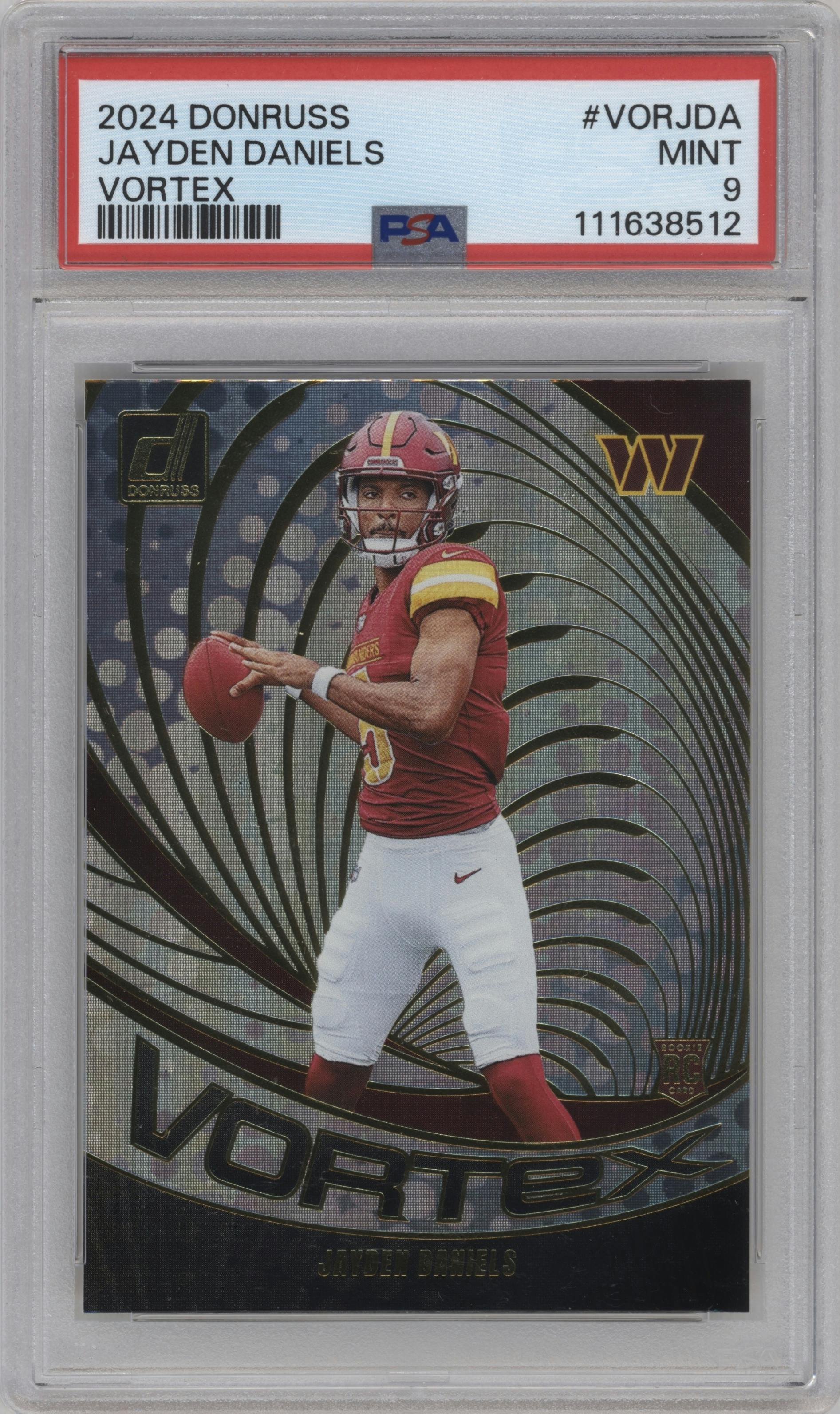 Jayden Daniels from the 2024 Donruss set graded by PSA and given an overall grade of 9.