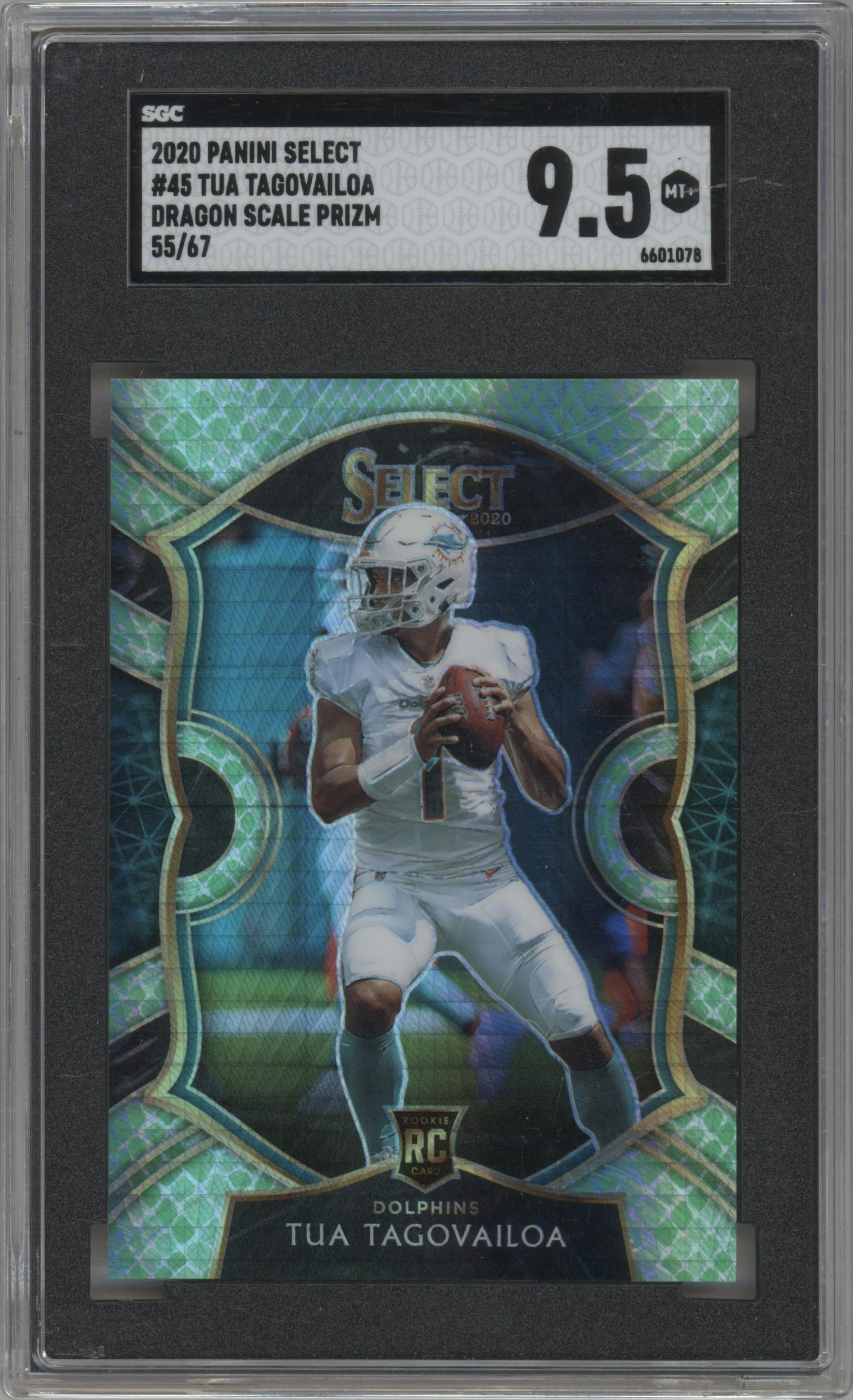 Tua Tagovailoa from the 2020 Panini Select set featuring a Dragon Scale parallel graded by SGC and given an overall grade of 9.5.
