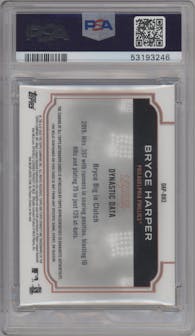 Bryce Harper from the 2020 Topps Dynasty set graded by PSA and given an overall grade of 10.