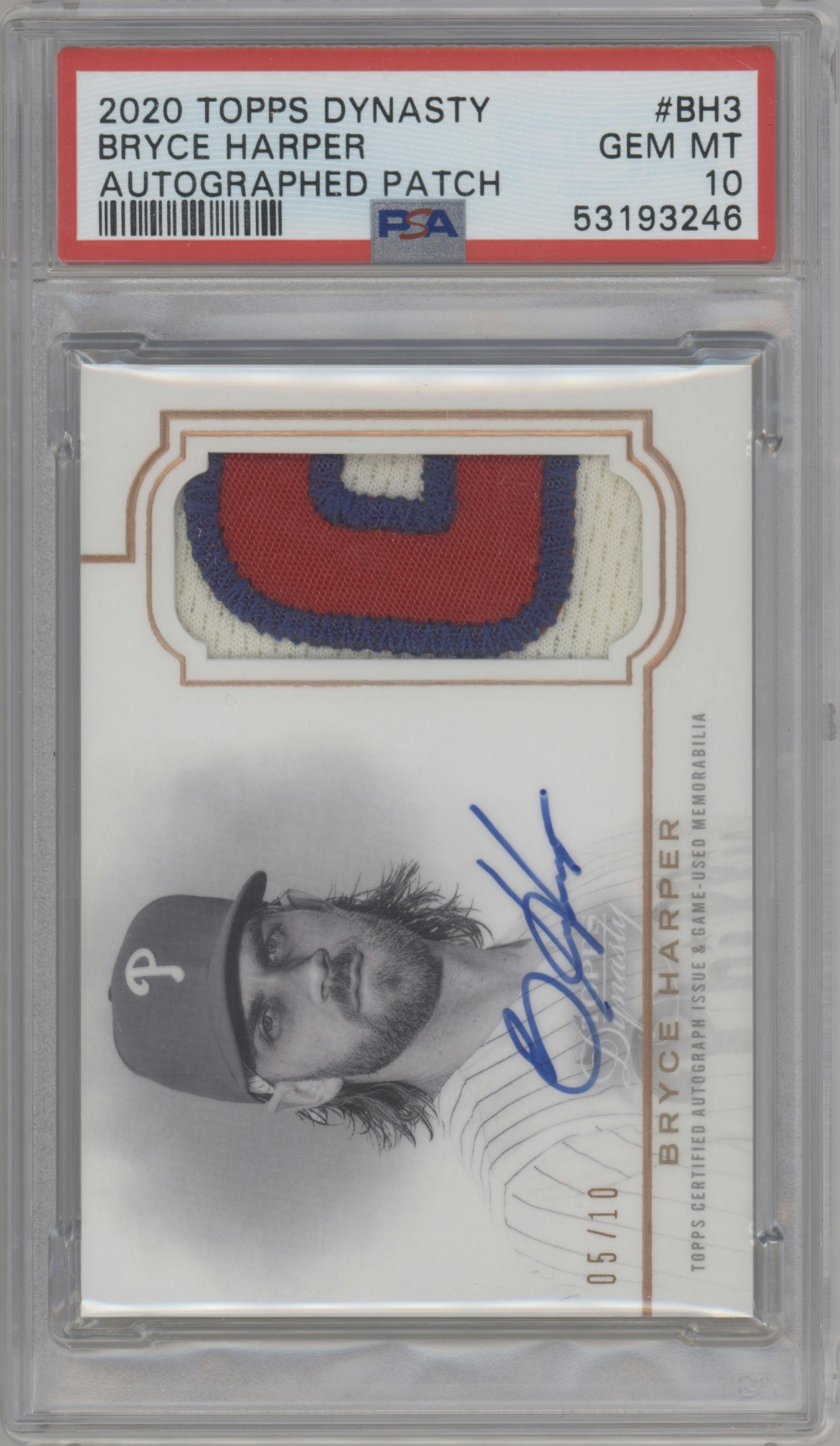 Bryce Harper from the 2020 Topps Dynasty set graded by PSA and given an overall grade of 10.