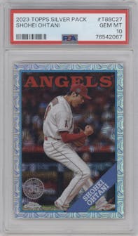Shohei Ohtani from the 2023 Topps Silver Pack set graded by PSA and given an overall grade of 10.