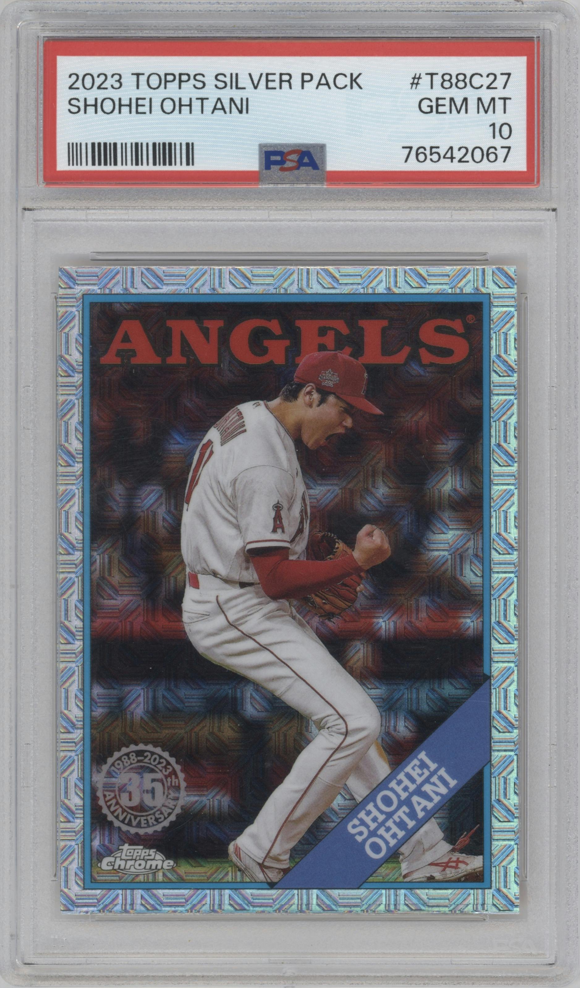Shohei Ohtani from the 2023 Topps Silver Pack set graded by PSA and given an overall grade of 10.