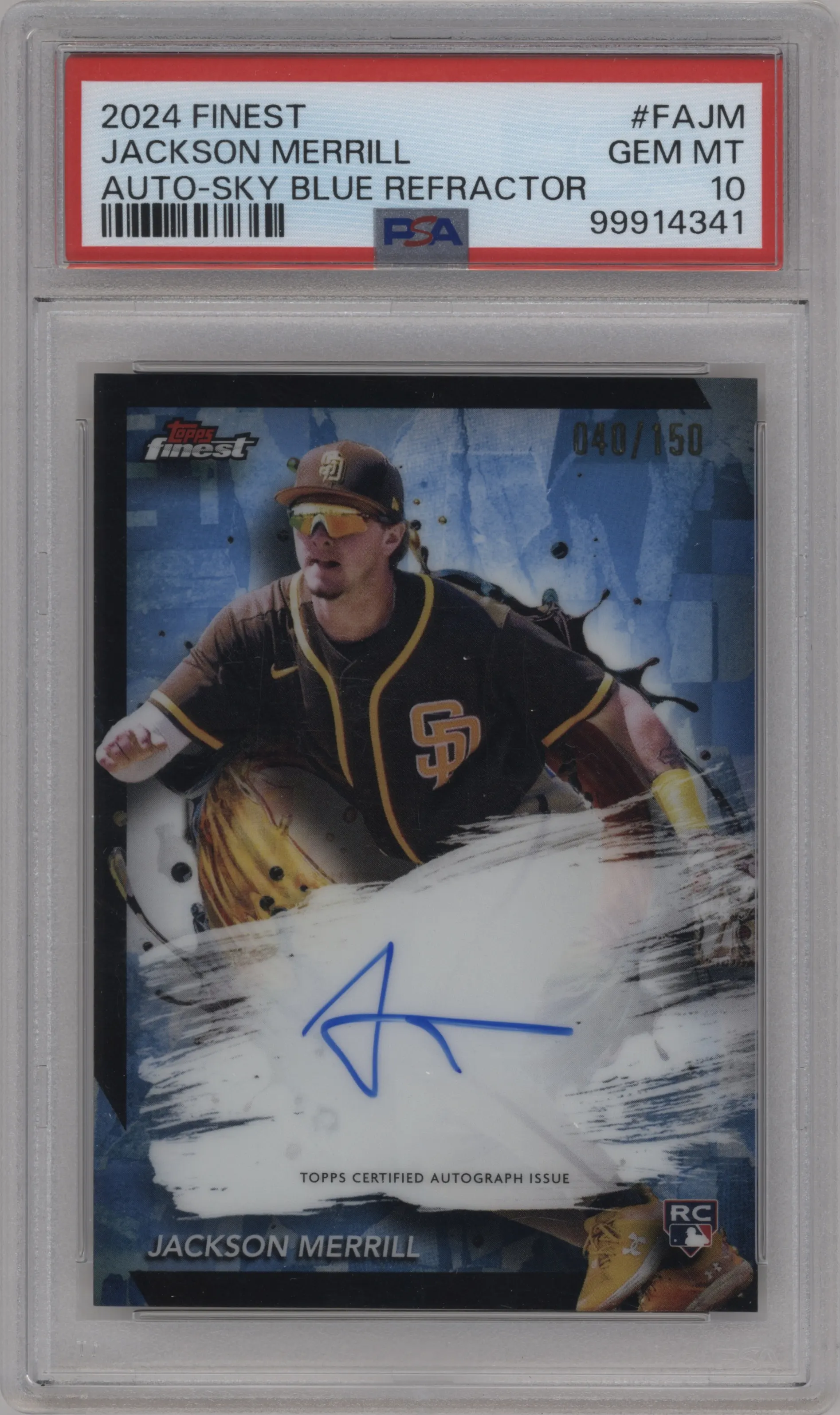 2024 Topps Finest Auto Jackson Merrill Sky Blue Refractor PSA 10