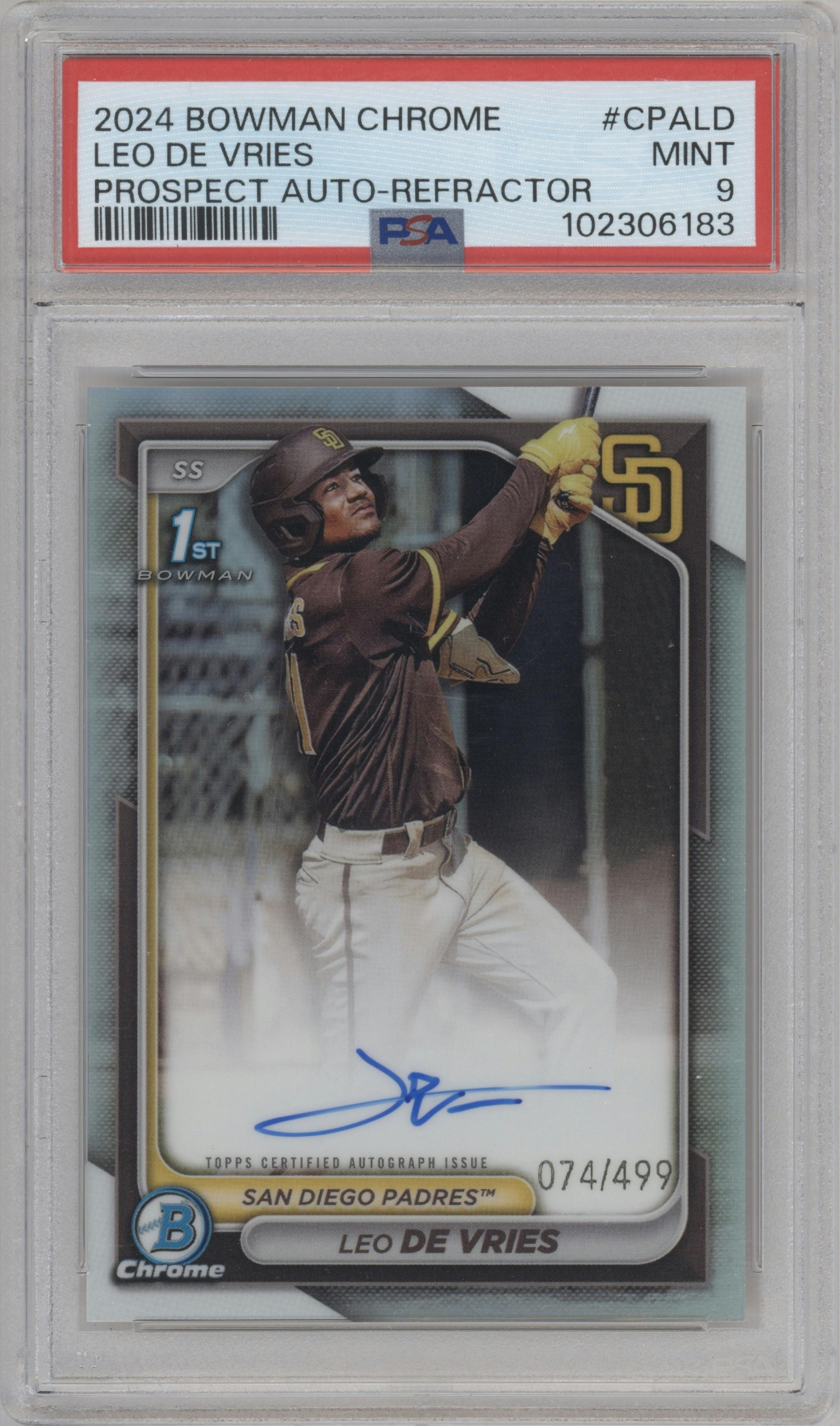 Leo De Vries from the 2024 Bowman Chrome set featuring a Refractor parallel graded by PSA and given an overall grade of 9.