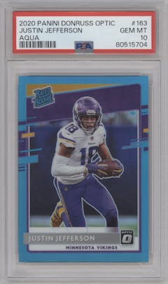 Justin Jefferson from the 2020 Panini Donruss Optic set featuring a Aqua parallel graded by PSA and given an overall grade of 10.