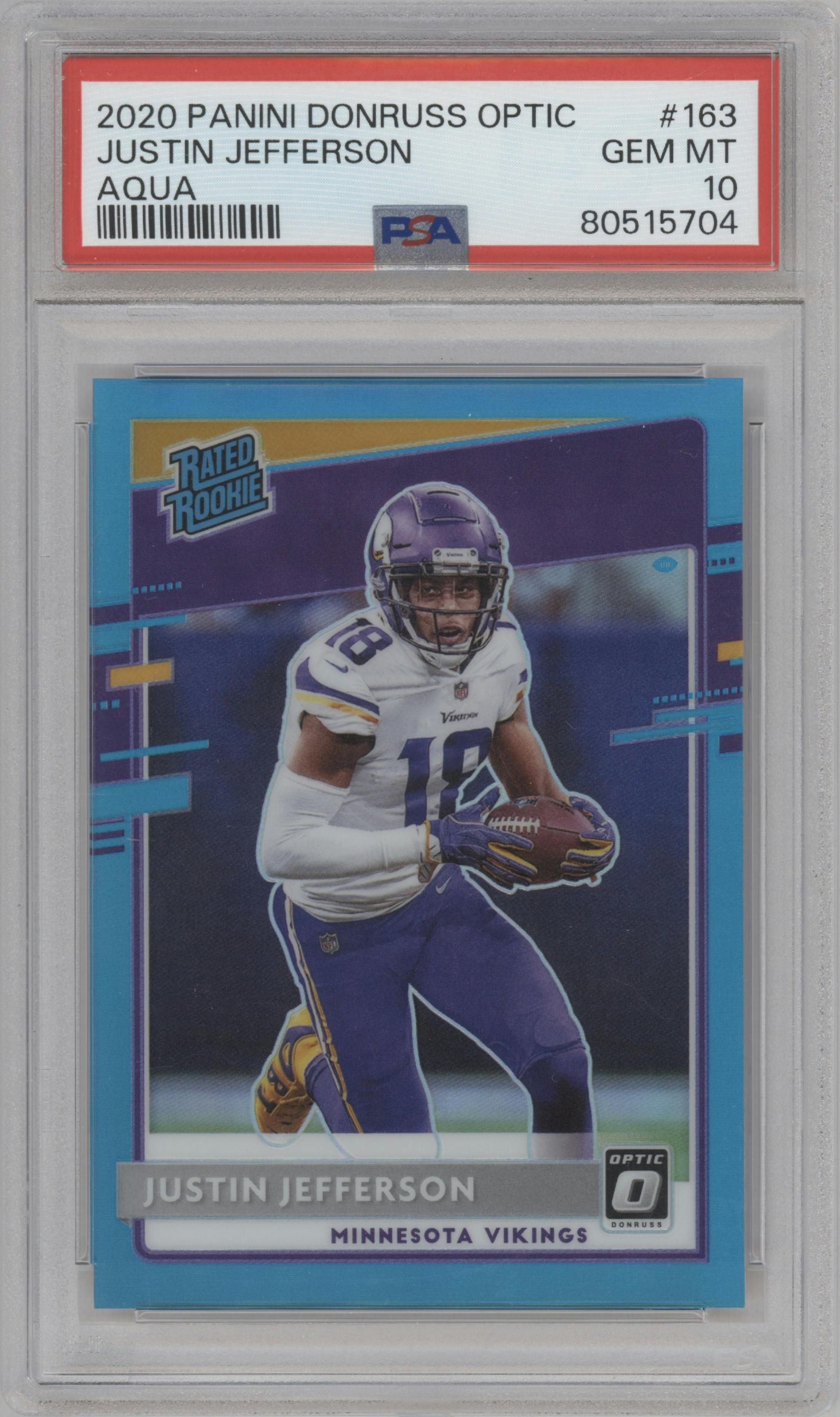 Justin Jefferson from the 2020 Panini Donruss Optic set featuring a Aqua parallel graded by PSA and given an overall grade of 10.