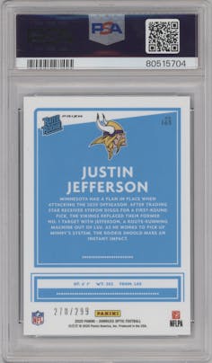 Justin Jefferson from the 2020 Panini Donruss Optic set featuring a Aqua parallel graded by PSA and given an overall grade of 10.