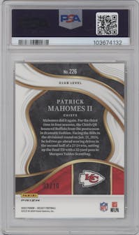 Patrick Mahomes II from the 2023 Panini Select set featuring a Gold Prizm parallel graded by PSA and given an overall grade of 10.