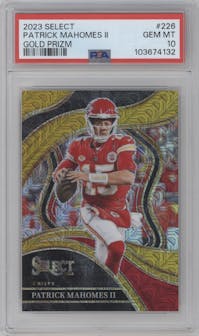 Patrick Mahomes II from the 2023 Panini Select set featuring a Gold Prizm parallel graded by PSA and given an overall grade of 10.