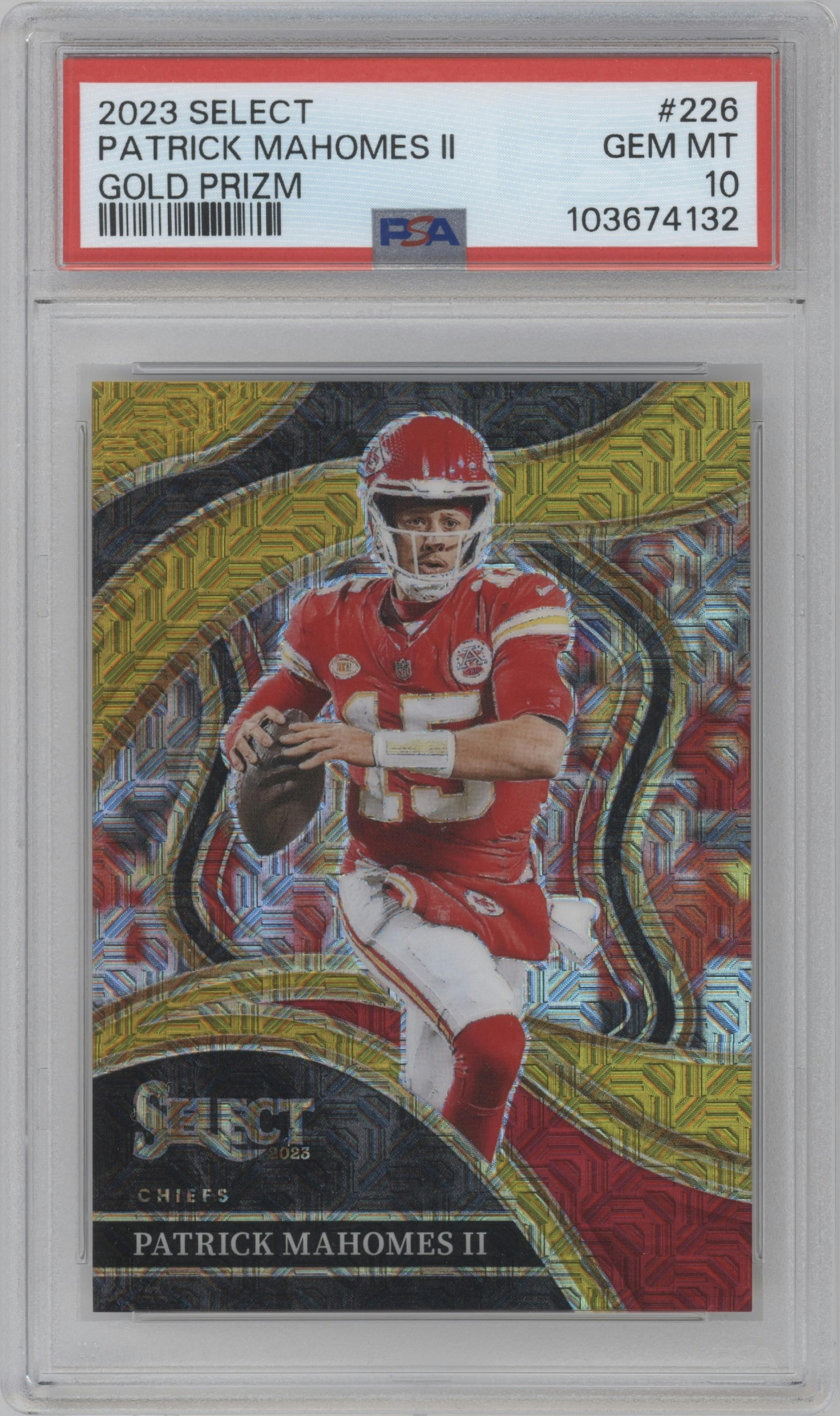 Patrick Mahomes II from the 2023 Panini Select set featuring a Gold Prizm parallel graded by PSA and given an overall grade of 10.