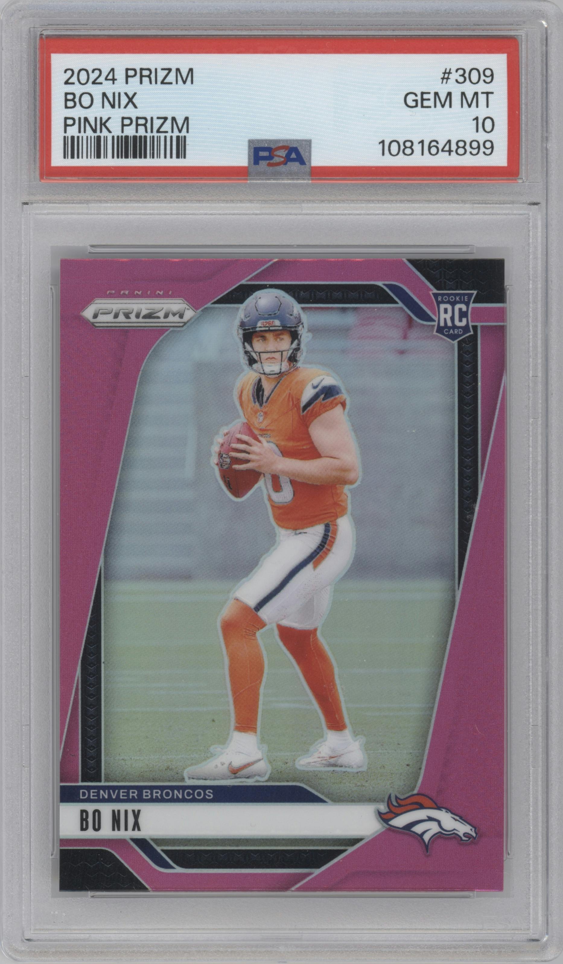 Bo Nix from the 2024 Panini Prizm set featuring a Pink Prizm parallel graded by PSA and given an overall grade of 10.