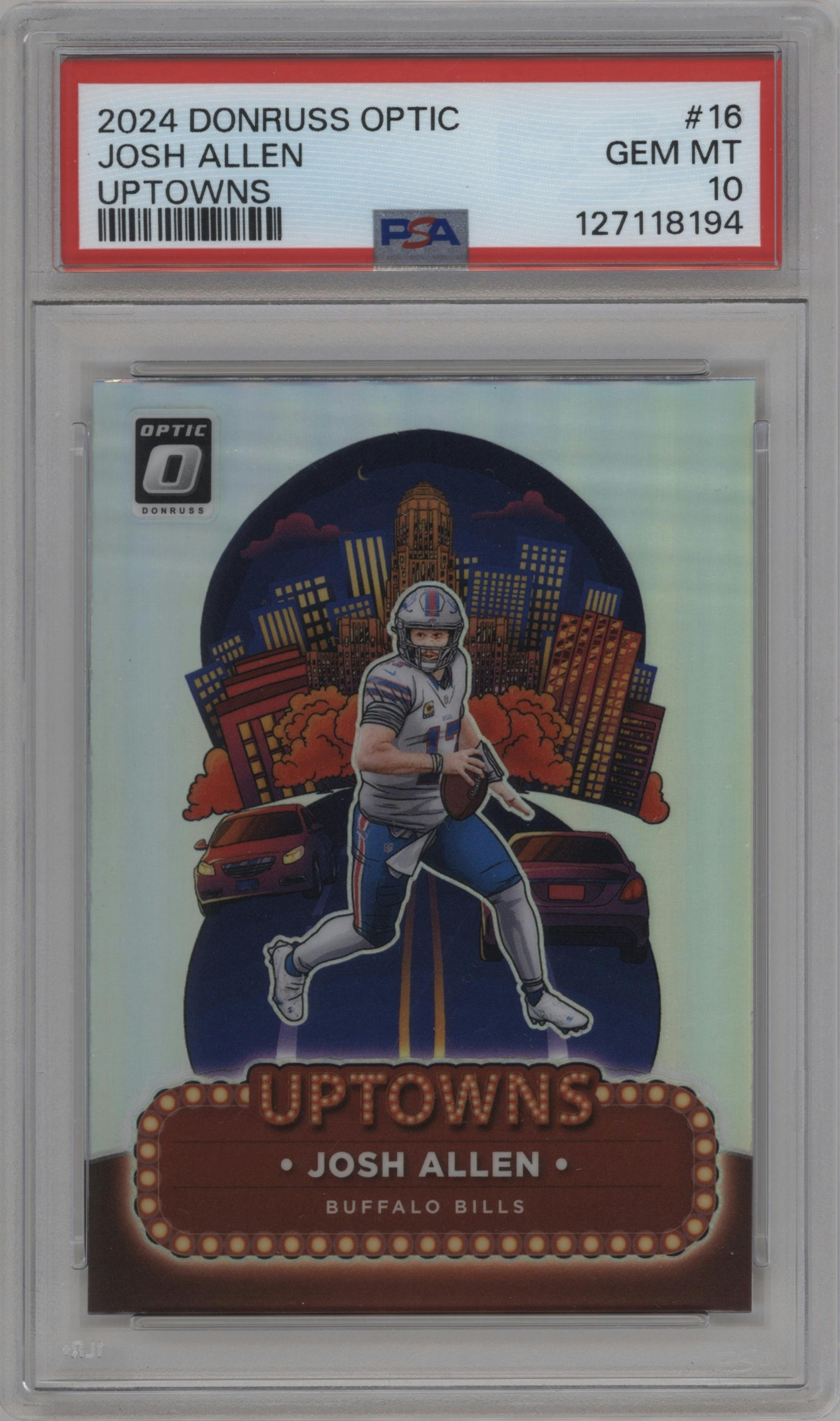 Josh Allen from the 2024 Donruss Optic set graded by PSA and given an overall grade of 10.
