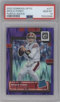 Brock Purdy from the 2022 Panini Donruss Optic set featuring a Purple Shock parallel graded by PSA and given an overall grade of 10.
