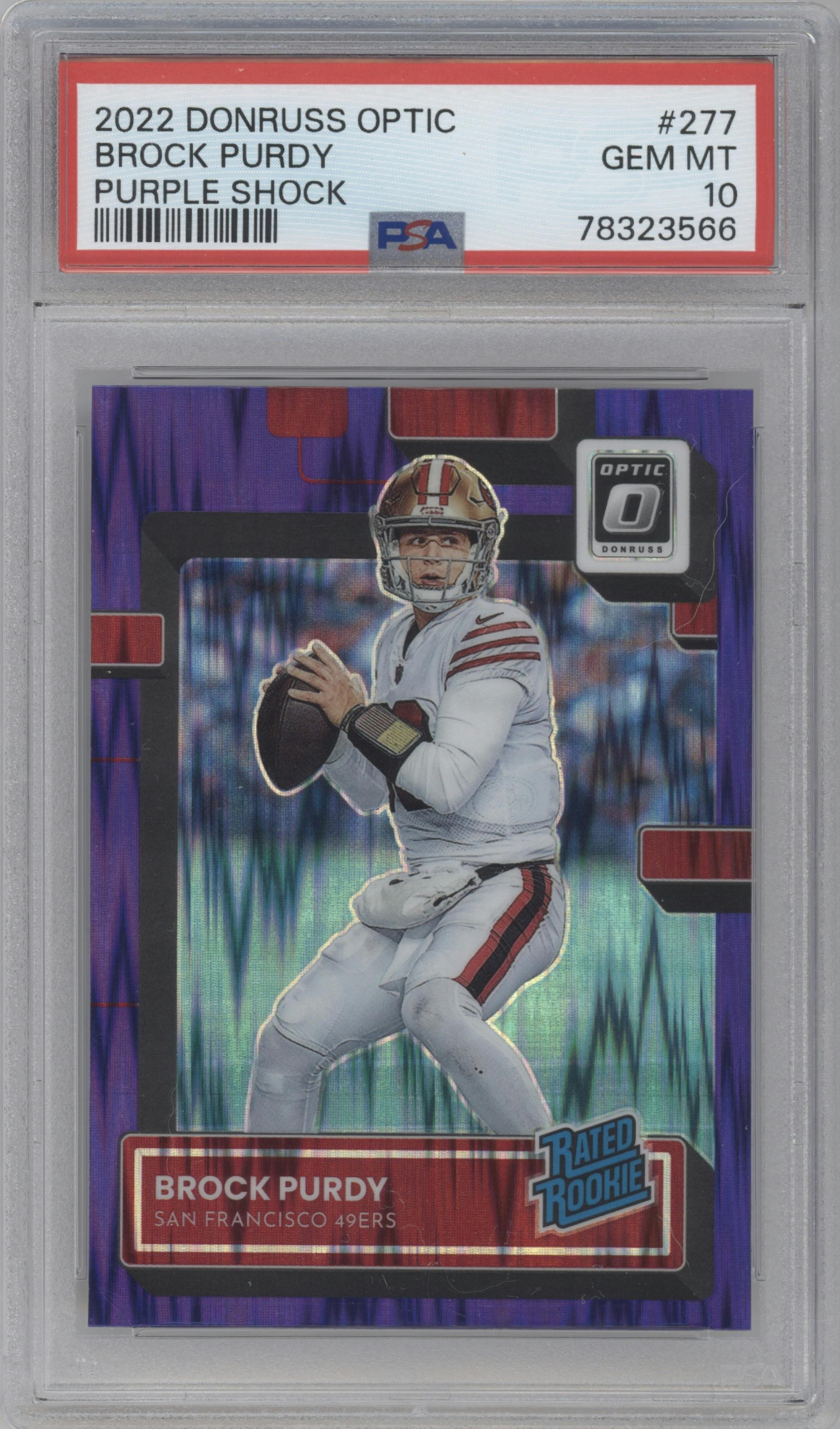 Brock Purdy from the 2022 Panini Donruss Optic set featuring a Purple Shock parallel graded by PSA and given an overall grade of 10.