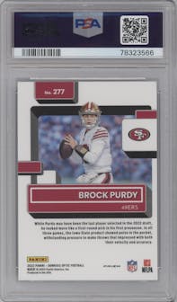 Brock Purdy from the 2022 Panini Donruss Optic set featuring a Purple Shock parallel graded by PSA and given an overall grade of 10.