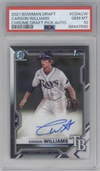 Carson Williams from the 2021 Bowman Draft set graded by PSA and given an overall grade of 10.