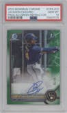 Jackson Chourio from the 2022 Bowman Chrome set featuring a Green Refractor parallel graded by PSA and given an overall grade of 10.